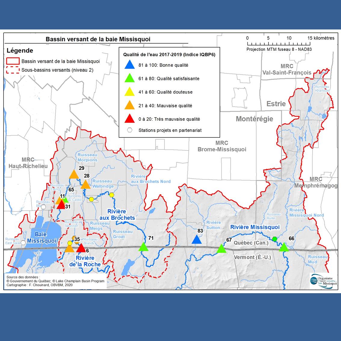 Carte de la qualité de l'eau dans le bassin versant de la baie Missisquoi 2017-2019